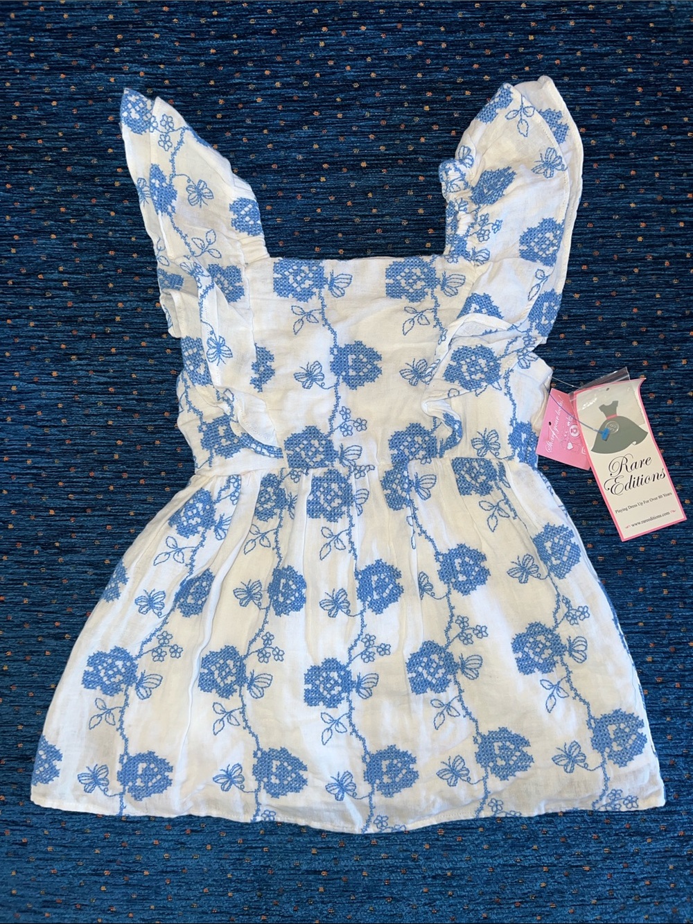 Rare Editions White Dressy Top w/Blue Floral Embroidery & ruffle sleeves size 8